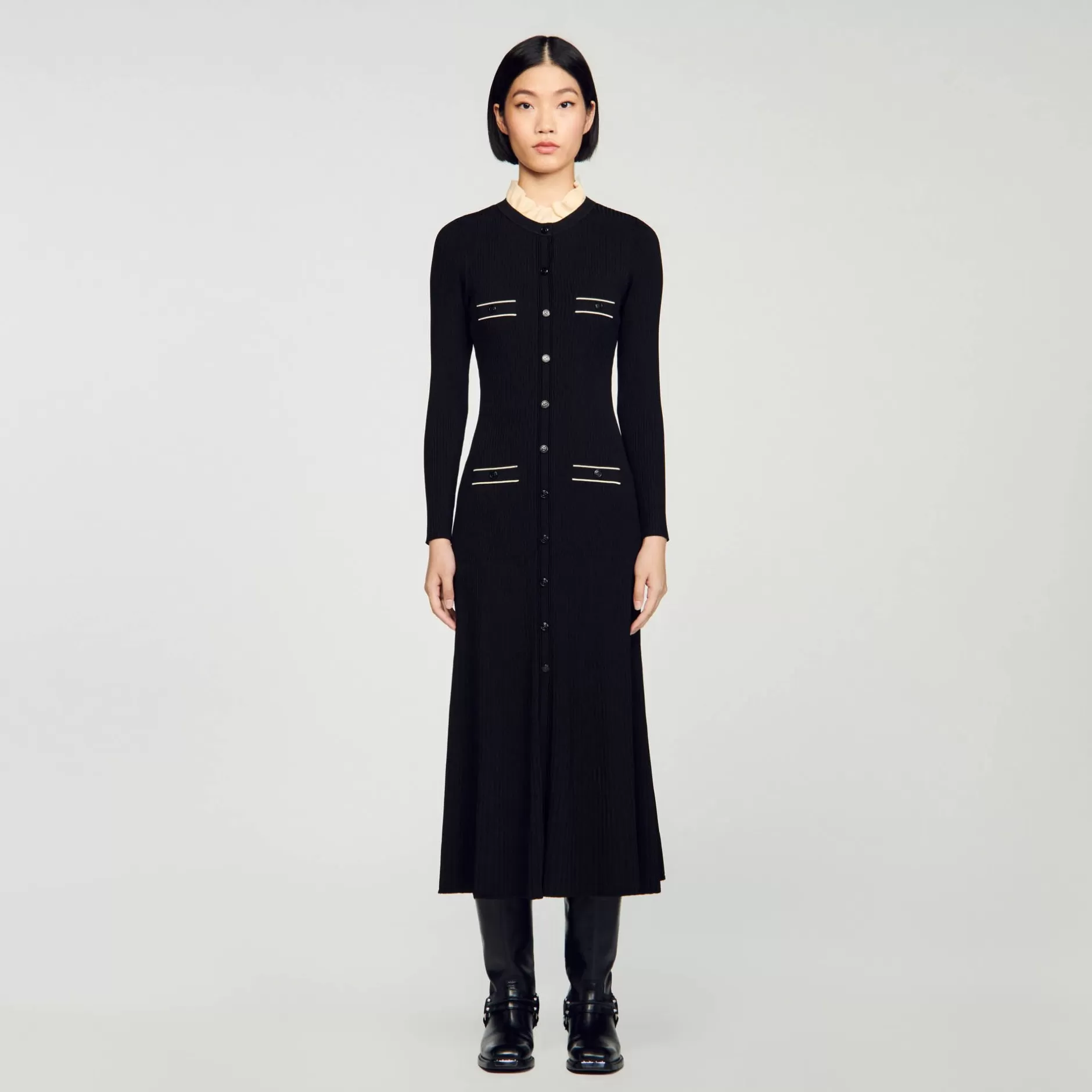 Online Sandro Robe Longue En Maille Côtelée Noir