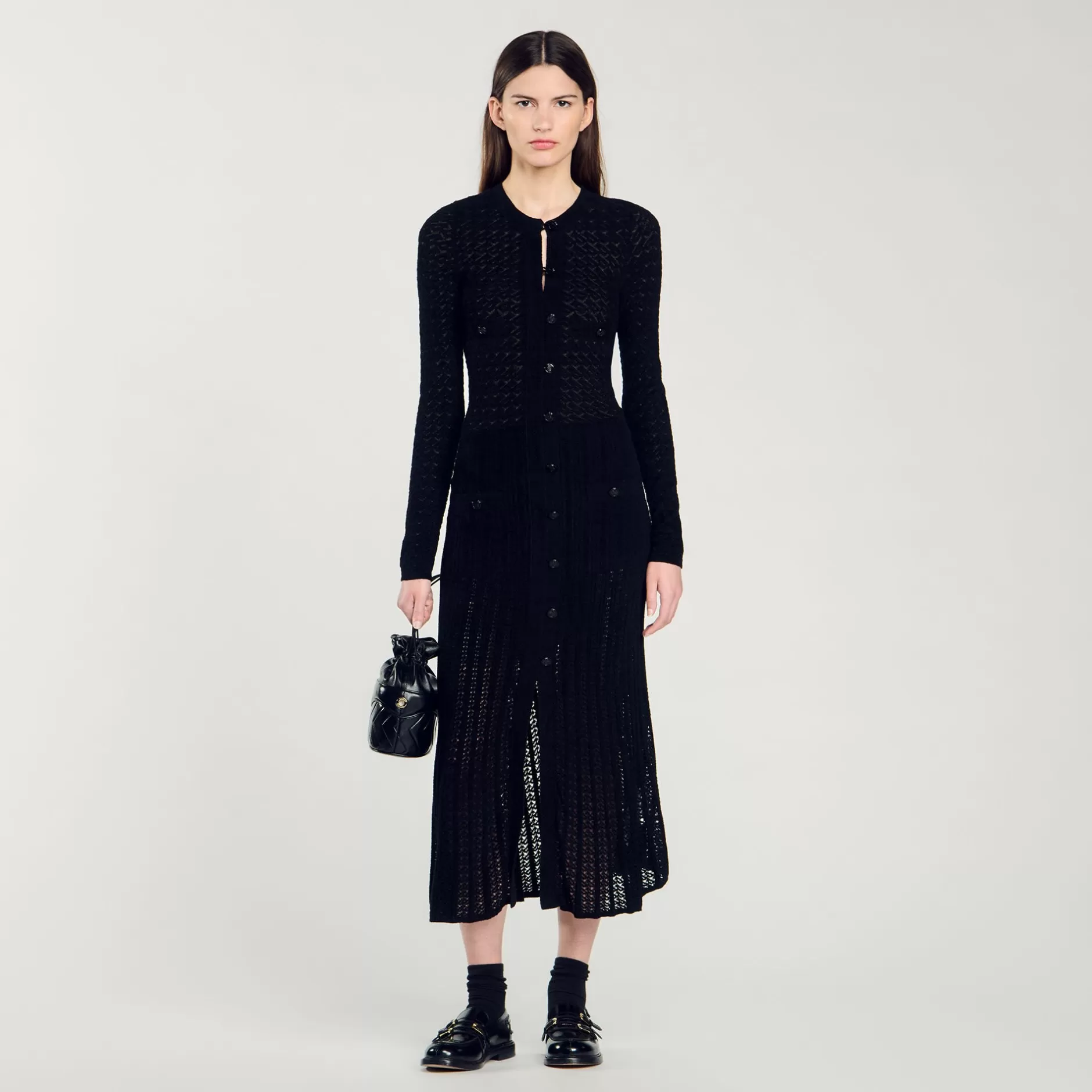 Fashion Sandro Robe Longue En Maille Effet Velours Noir