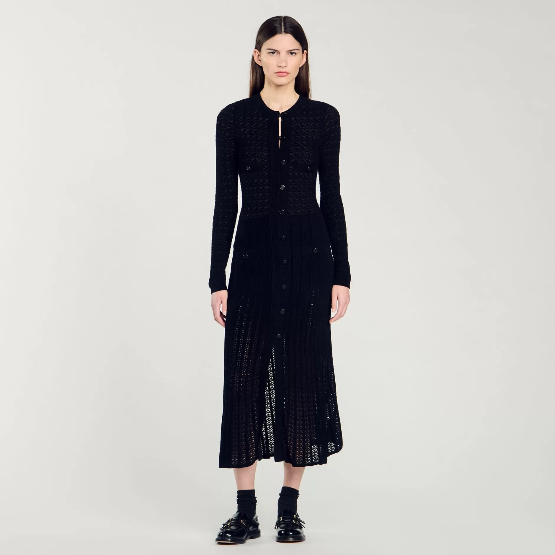 Fashion Sandro Robe Longue En Maille Effet Velours Noir