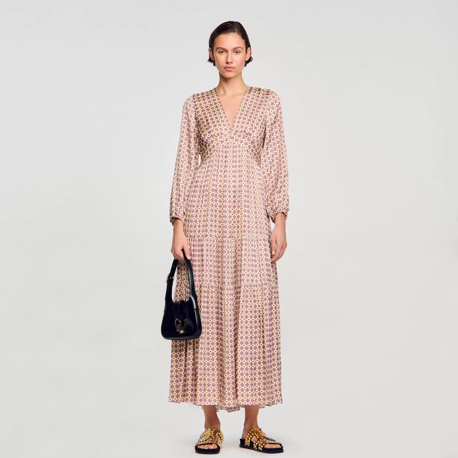 Online Sandro Robe Longue Imprimée Ecru / Rose