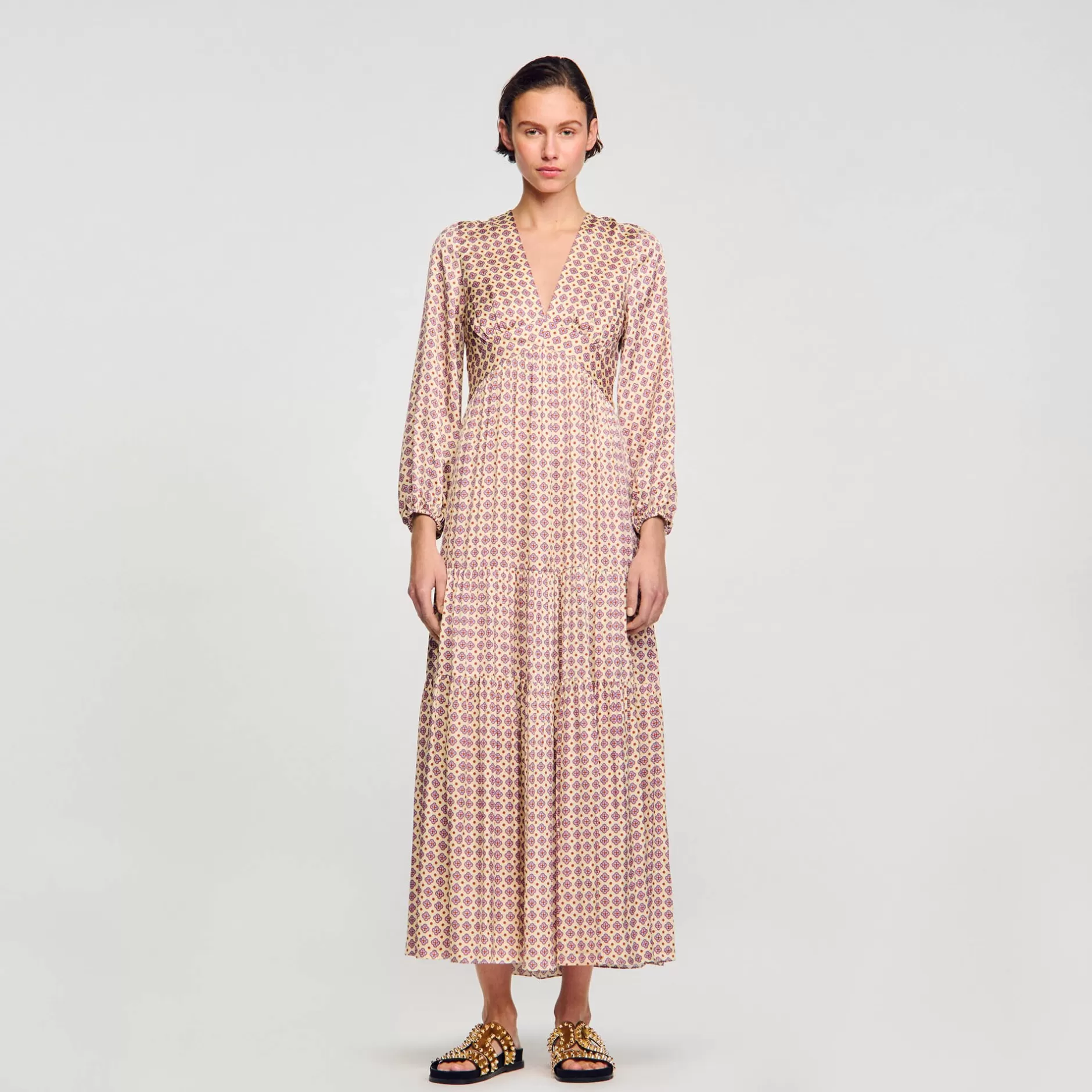 Online Sandro Robe Longue Imprimée Ecru / Rose