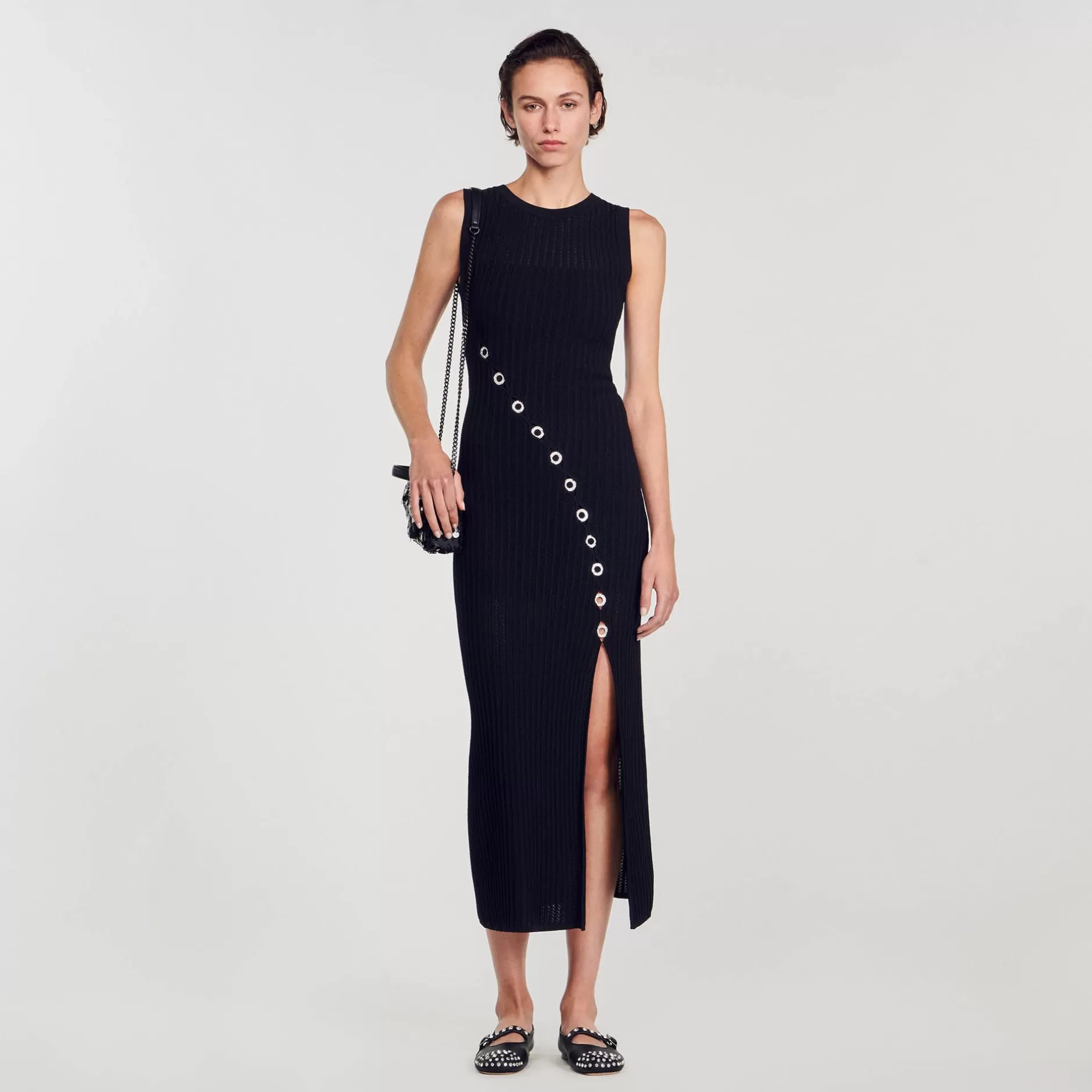 Best Sale Sandro Robe Longue Ornée De Bijoux Strassés Noir