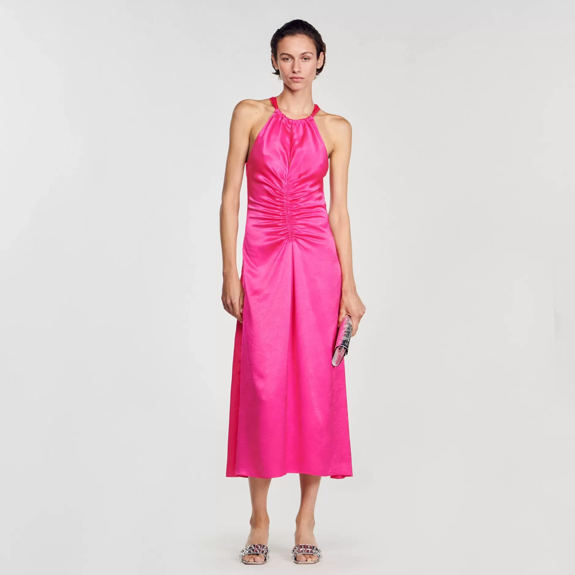 Discount Sandro Robe Longue Satinée Froncée Fushia