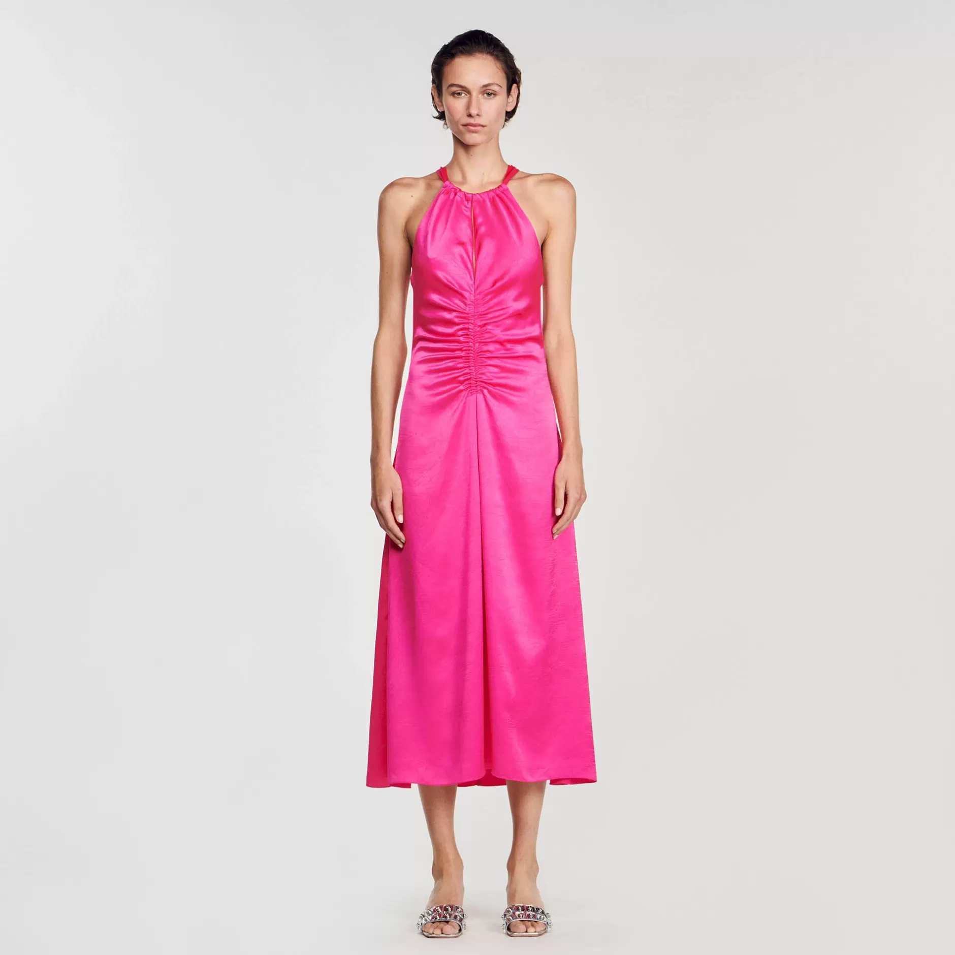 Discount Sandro Robe Longue Satinée Froncée Fushia