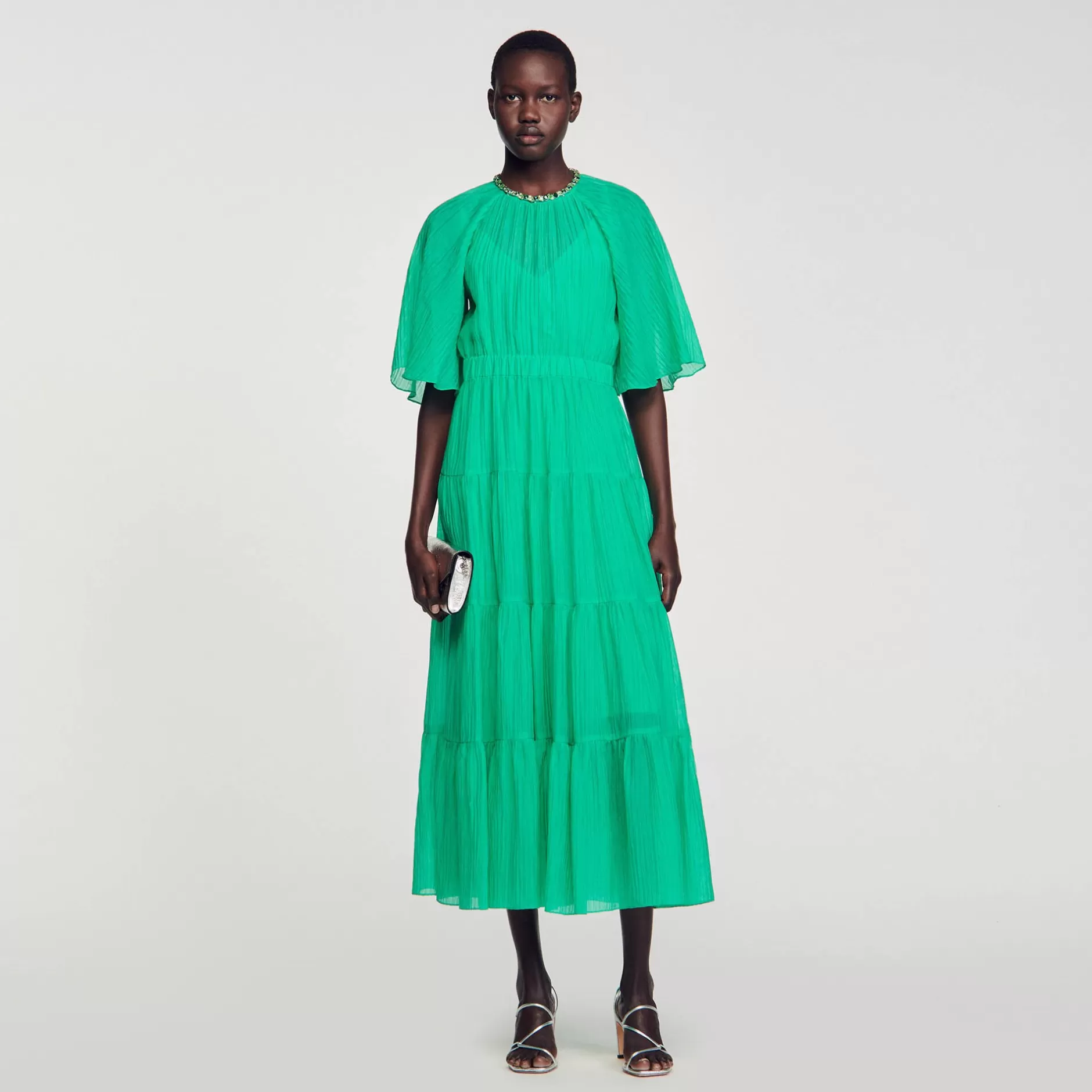 Hot Sandro Robe Midi à Col Strassé Vert