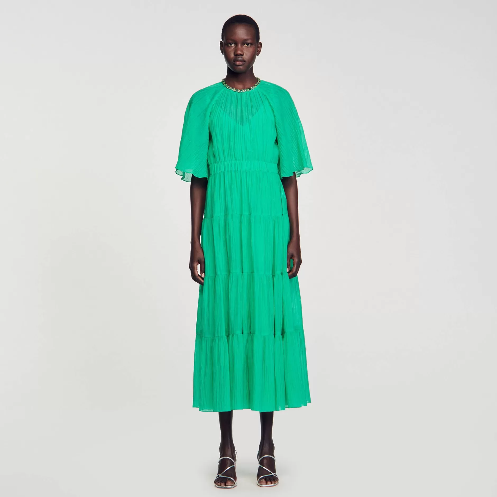 Hot Sandro Robe Midi à Col Strassé Vert