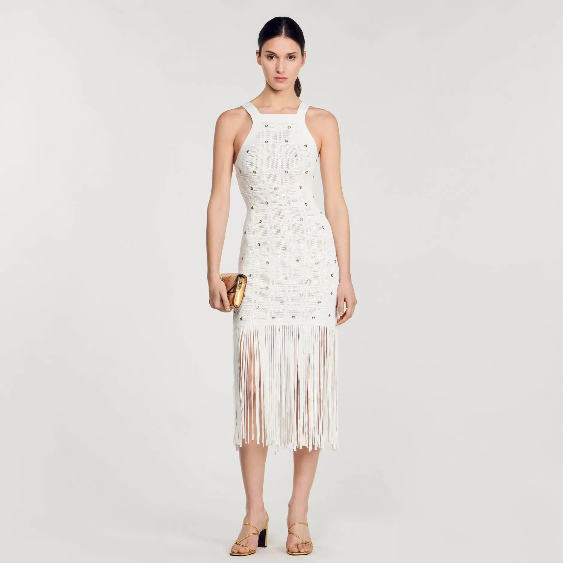 Outlet Sandro Robe Midi à Franges blanc