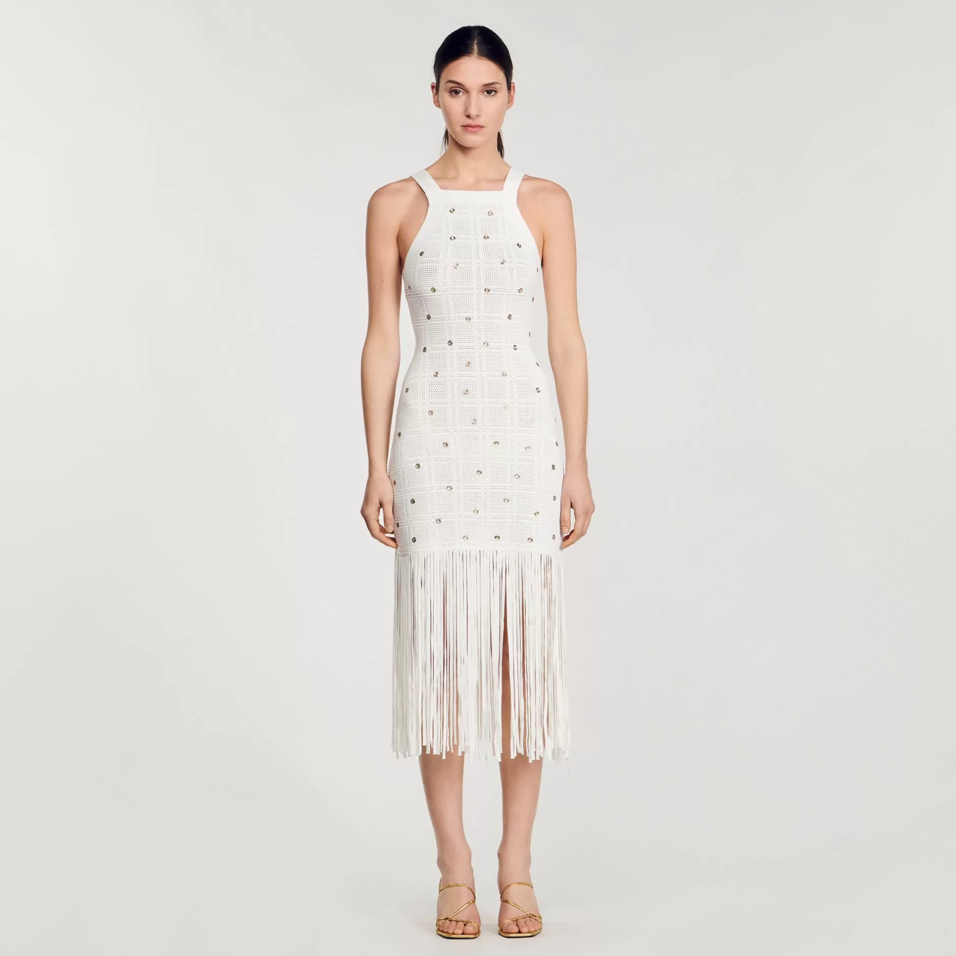 Outlet Sandro Robe Midi à Franges blanc