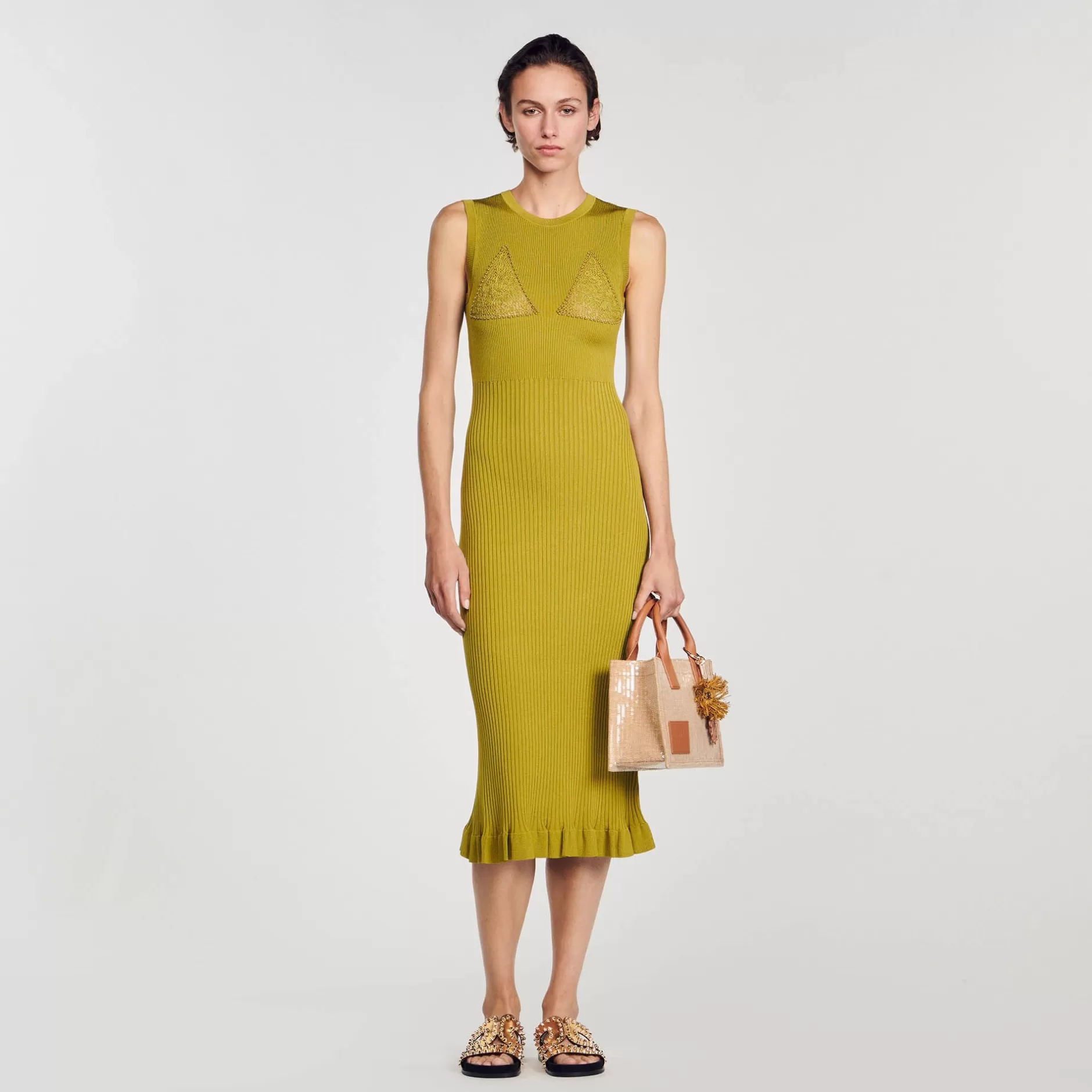 Hot Sandro Robe Midi En Maille Vert Olive