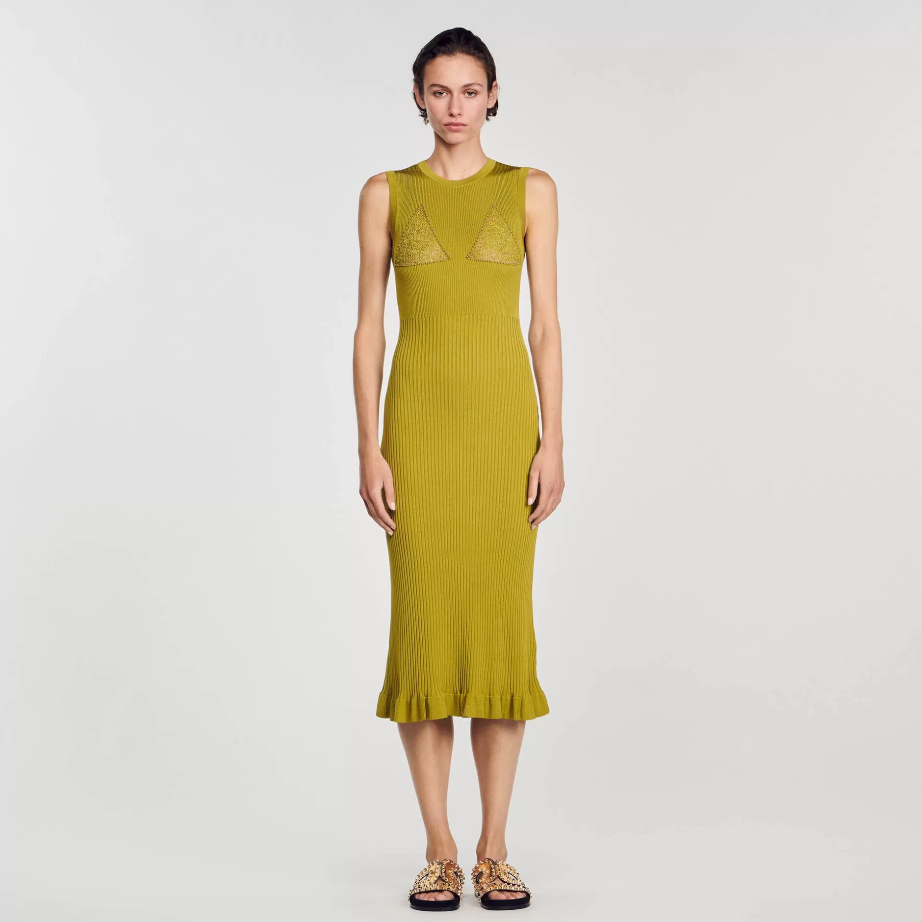 Hot Sandro Robe Midi En Maille Vert Olive