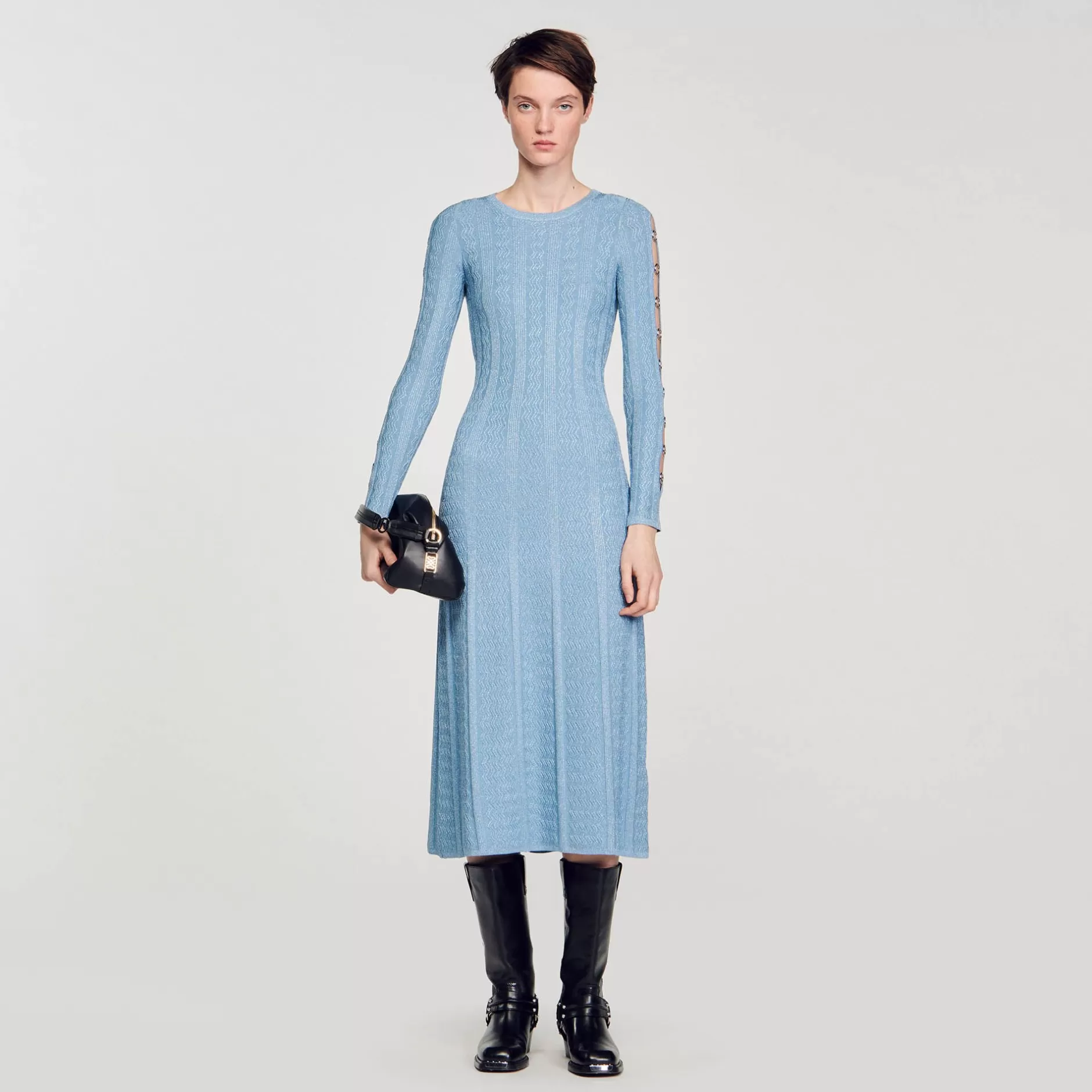 Fashion Sandro Robe Midi En Maille à Manches Longues Bleu Ciel