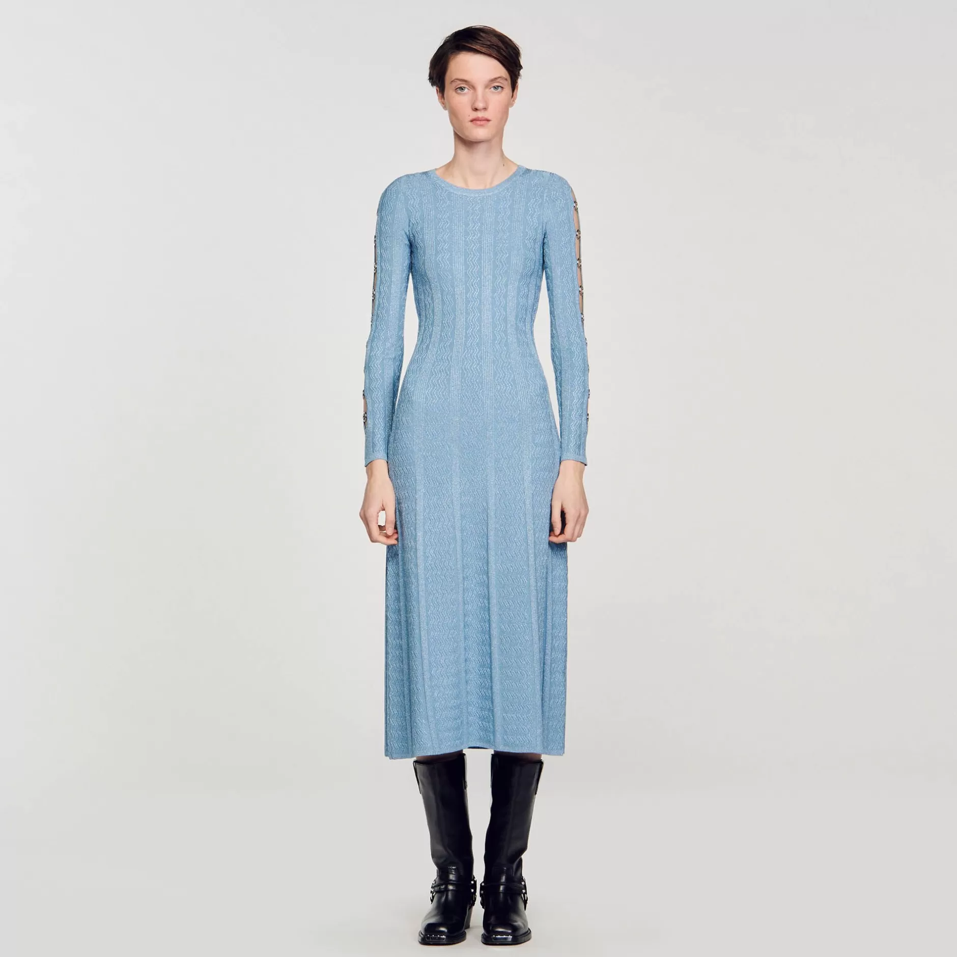 Fashion Sandro Robe Midi En Maille à Manches Longues Bleu Ciel