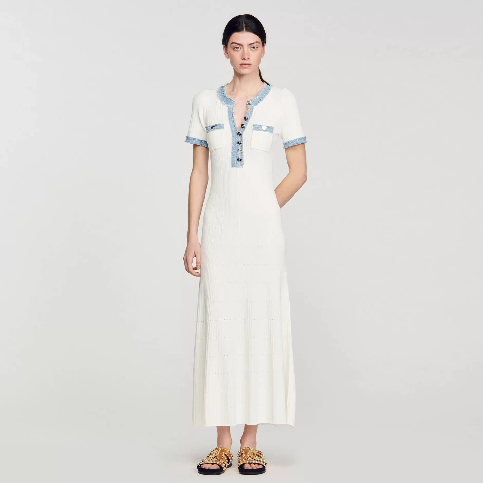 Best Sale Sandro Robe Midi En Maille Et Denim blanc