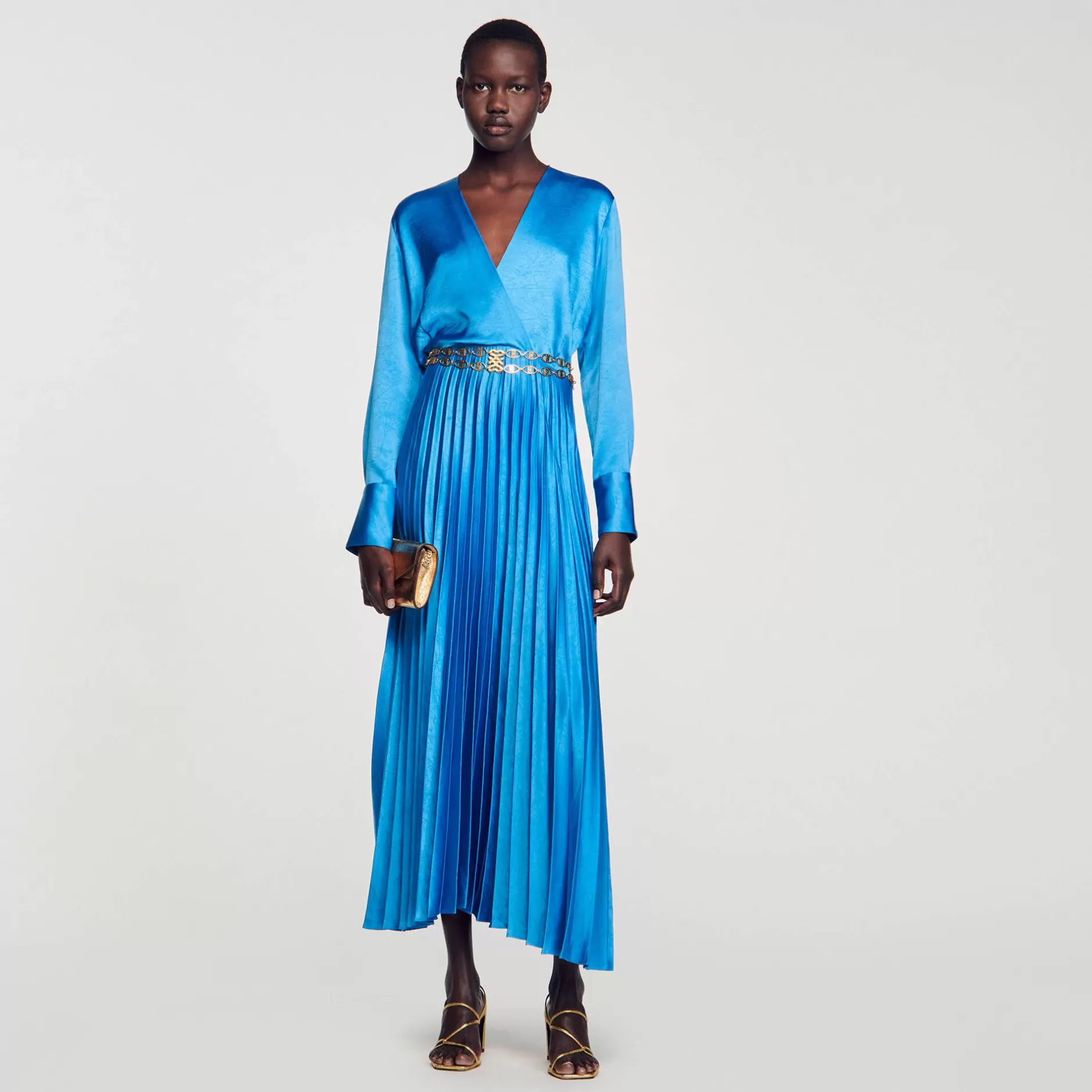 Best Sandro Robe Midi Satinée Plissée Bleu Pétrole