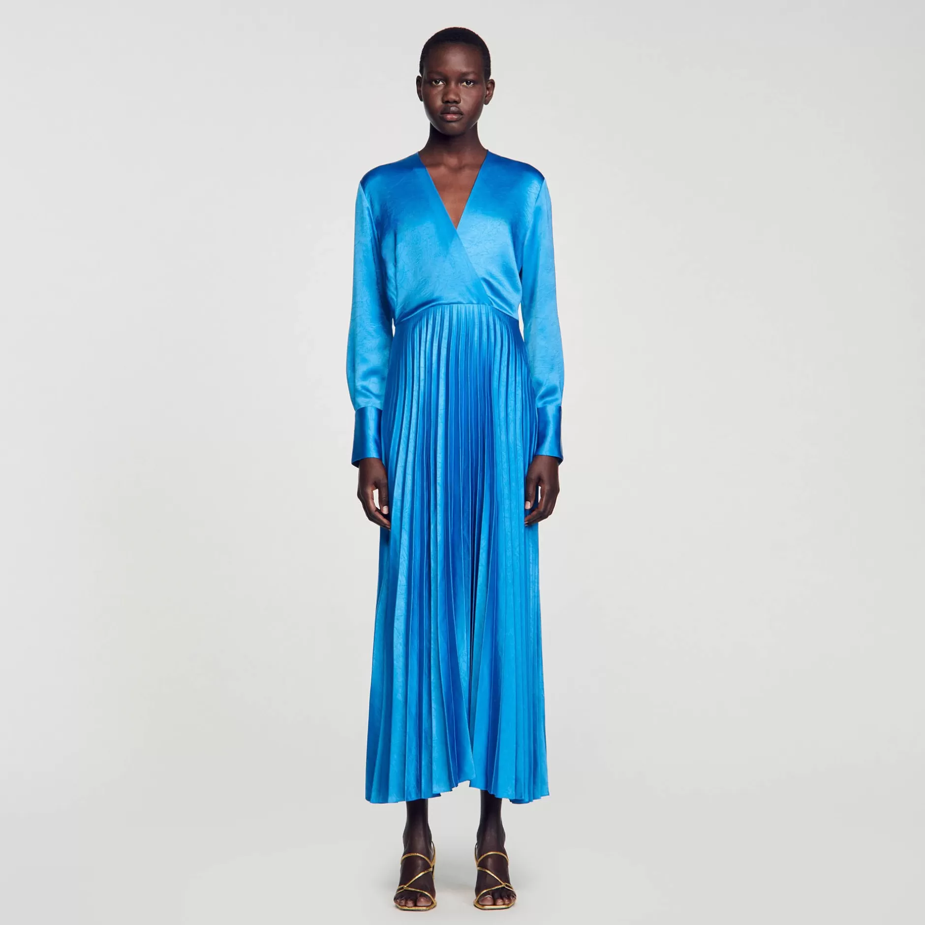 Best Sandro Robe Midi Satinée Plissée Bleu Pétrole