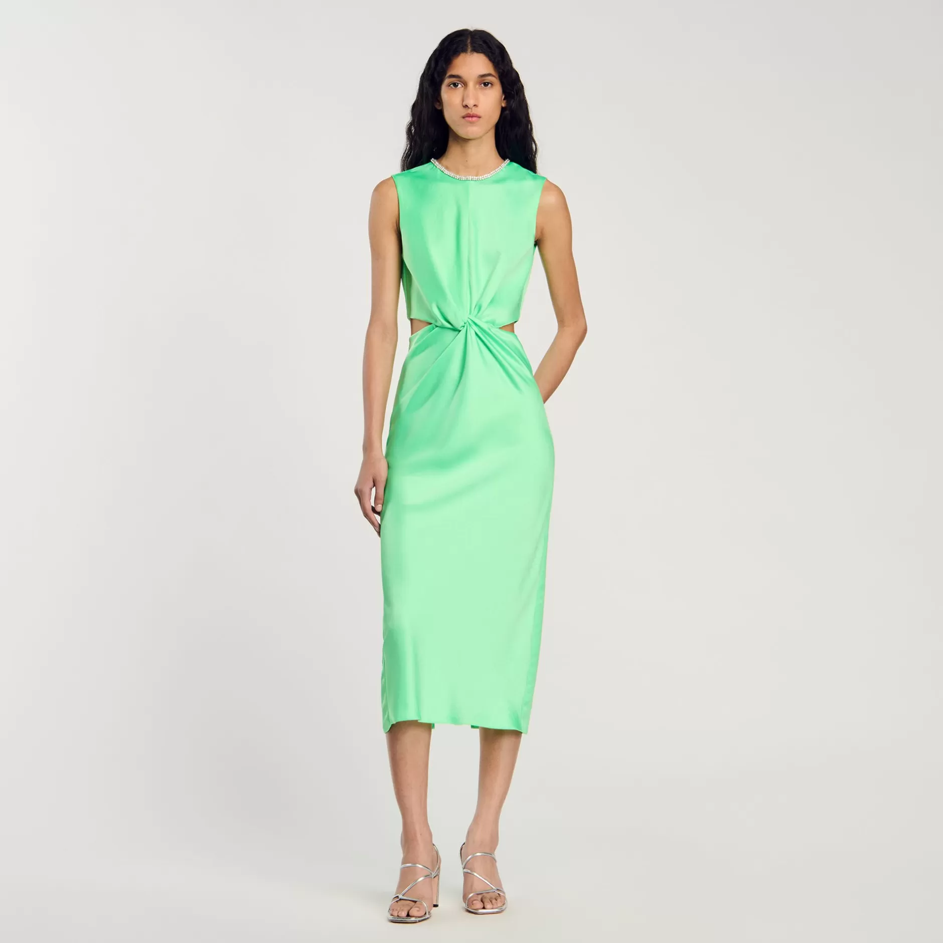 Shop Sandro Robe Midi Torsadée Vert Fluo