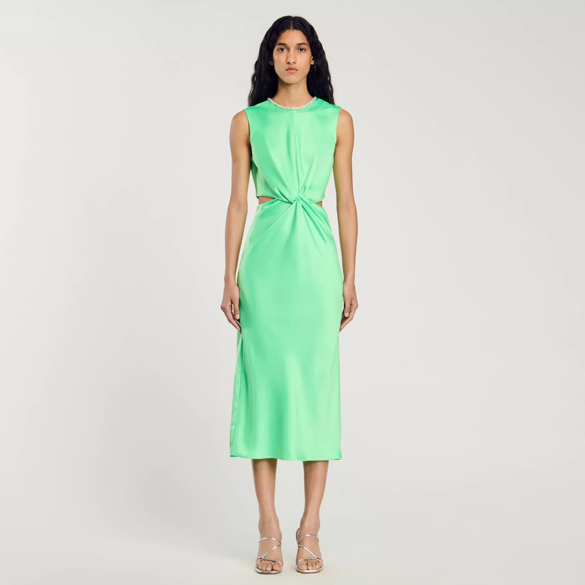 Shop Sandro Robe Midi Torsadée Vert Fluo