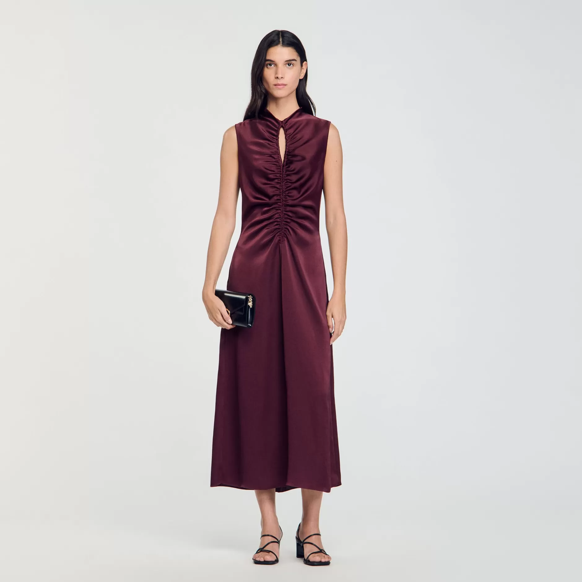 Clearance Sandro Robe Satinée Drapée Bordeaux