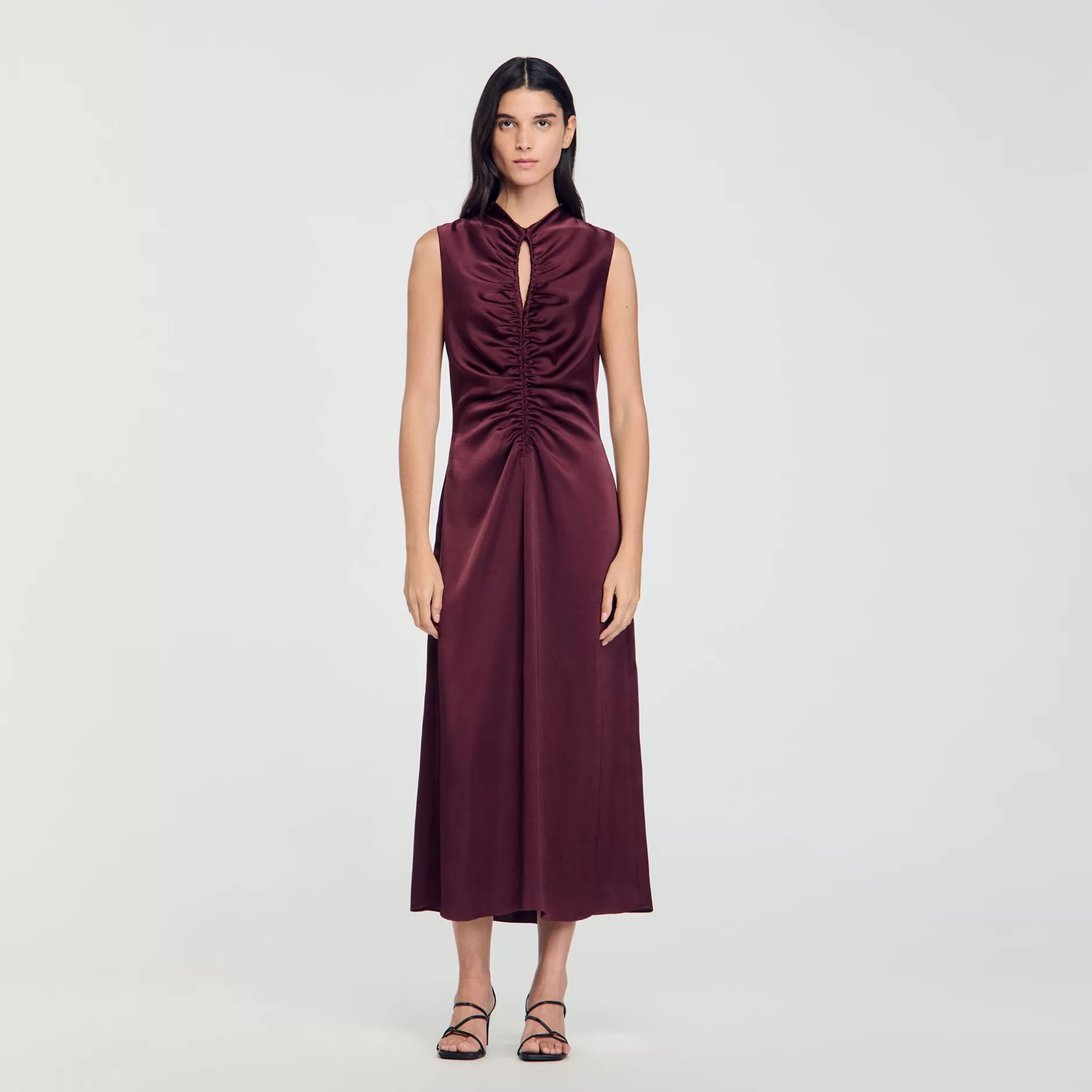 Clearance Sandro Robe Satinée Drapée Bordeaux