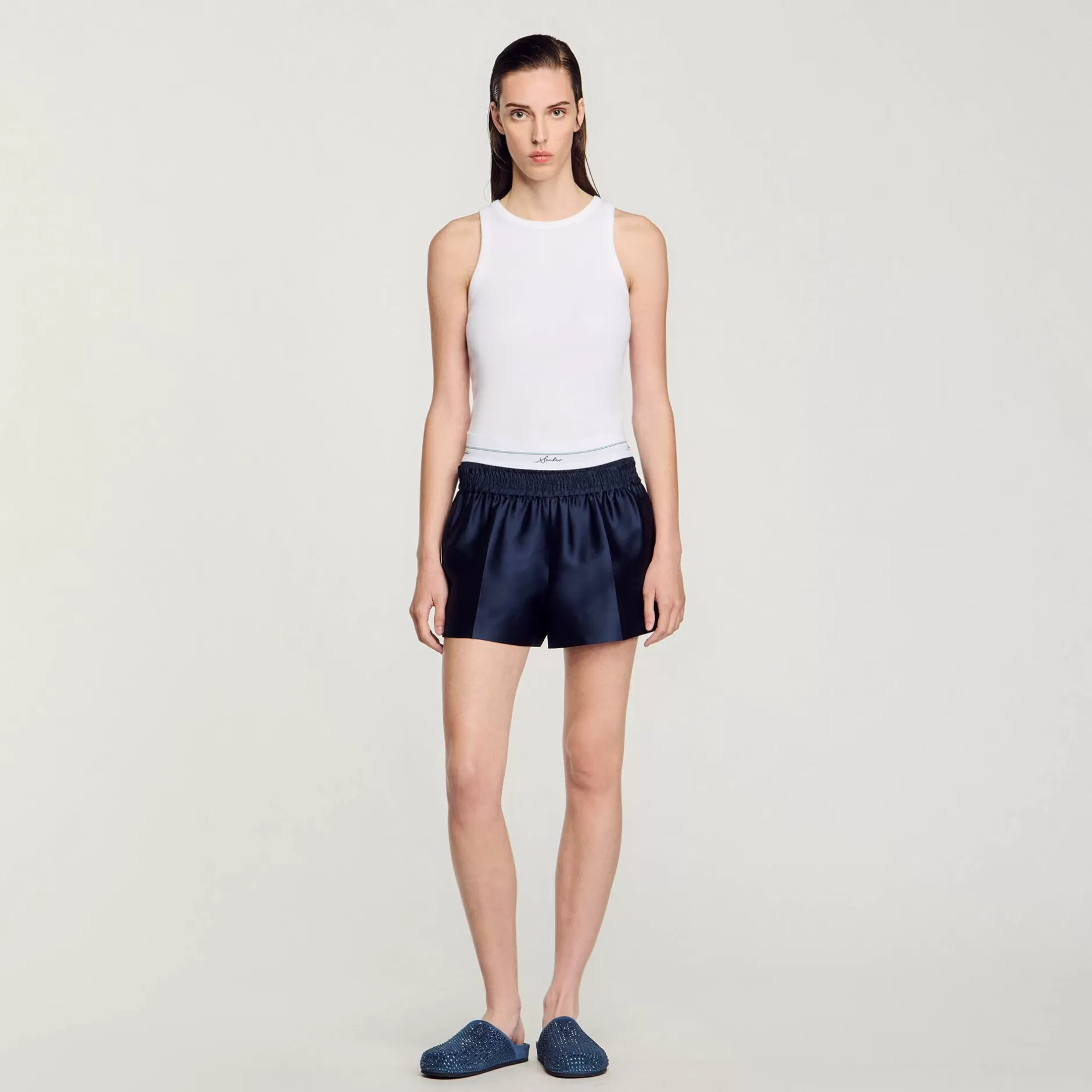 Best Sandro Short Effet 2 En 1 En Satin Bleu Nuit