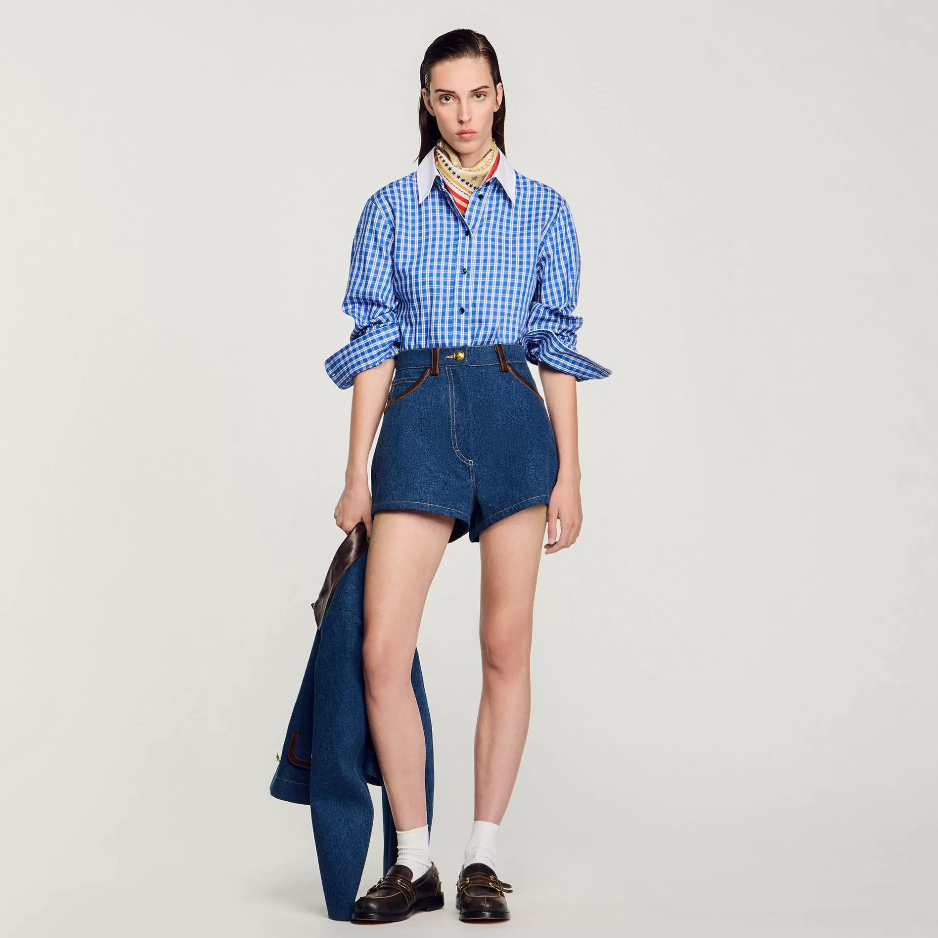 Best Sale Sandro Short En Jean Détails En Cuir Bleu