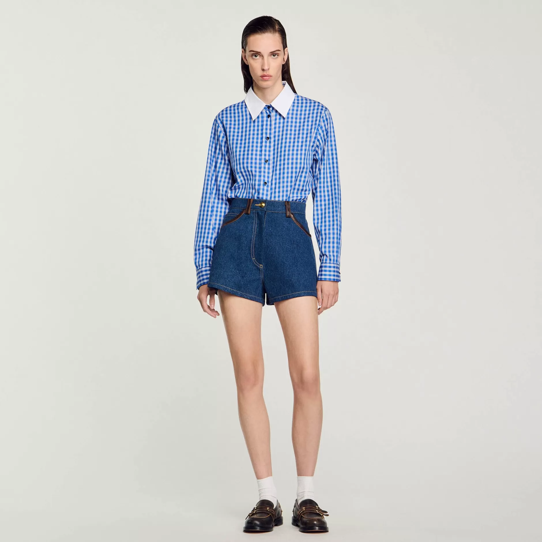 Best Sale Sandro Short En Jean Détails En Cuir Bleu