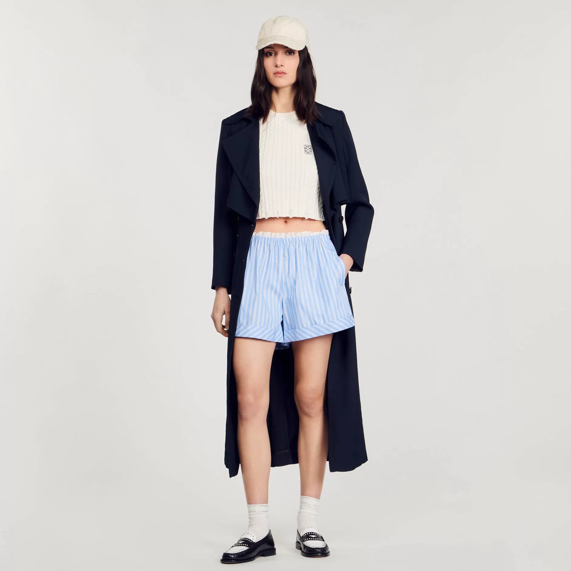 Fashion Sandro Short Large En Coton Bleu / Blanc