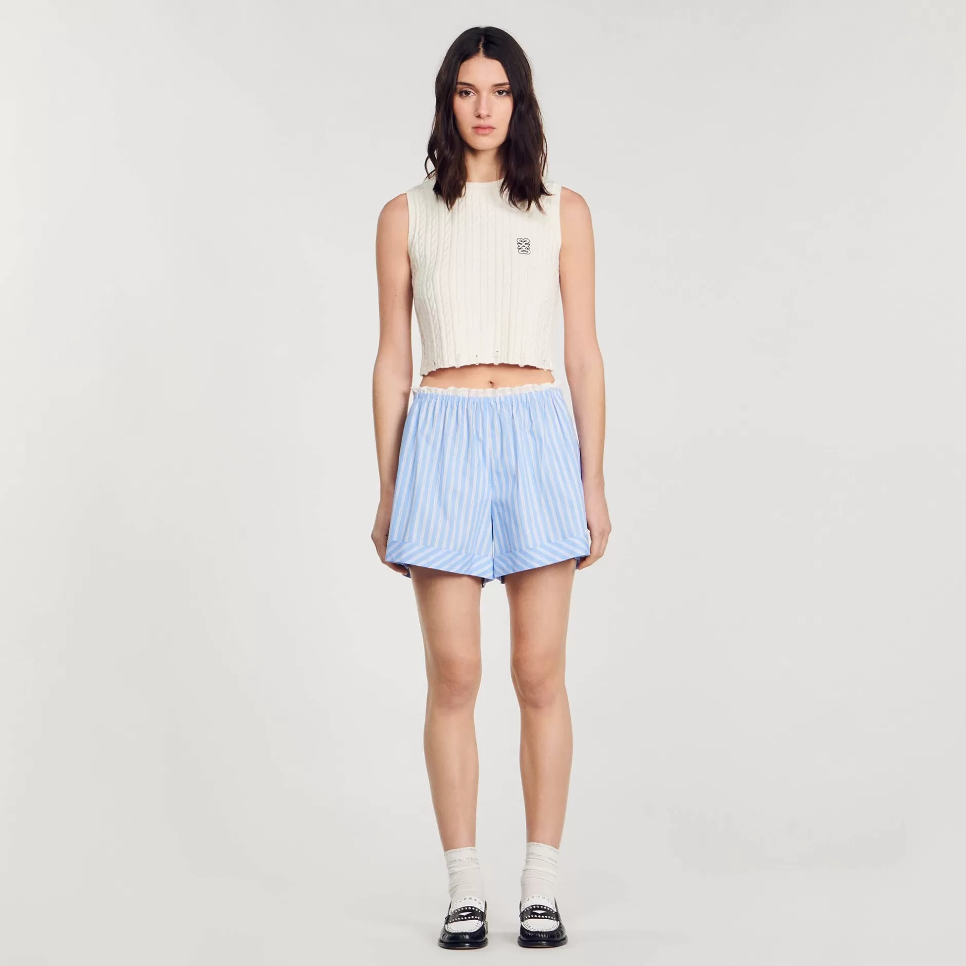 Fashion Sandro Short Large En Coton Bleu / Blanc