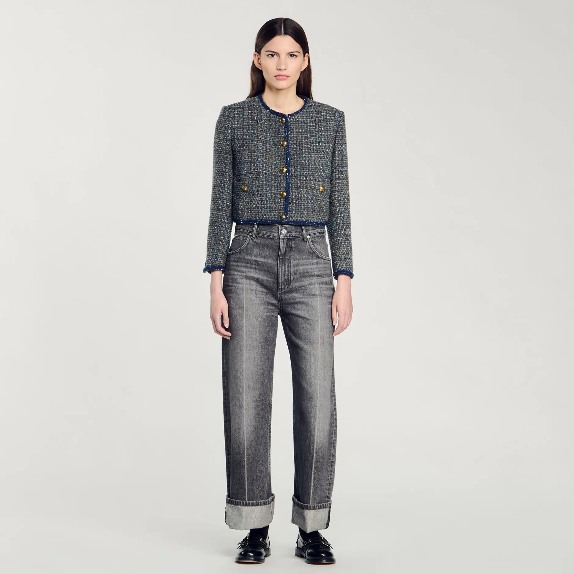 Online Sandro Veste Courte En Tweed Gris